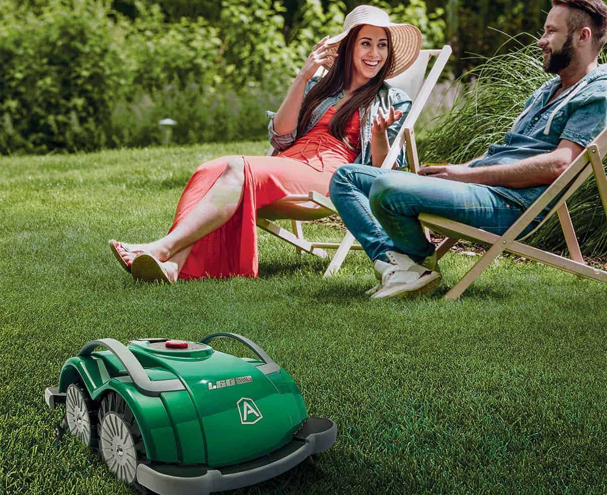 Robot easy maintenance feature, people relaxing in backyard