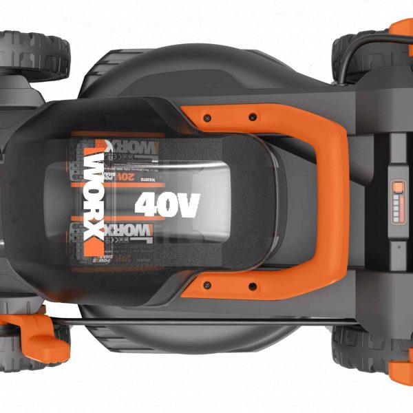 WG779E Hero lawnmower top view with batteries