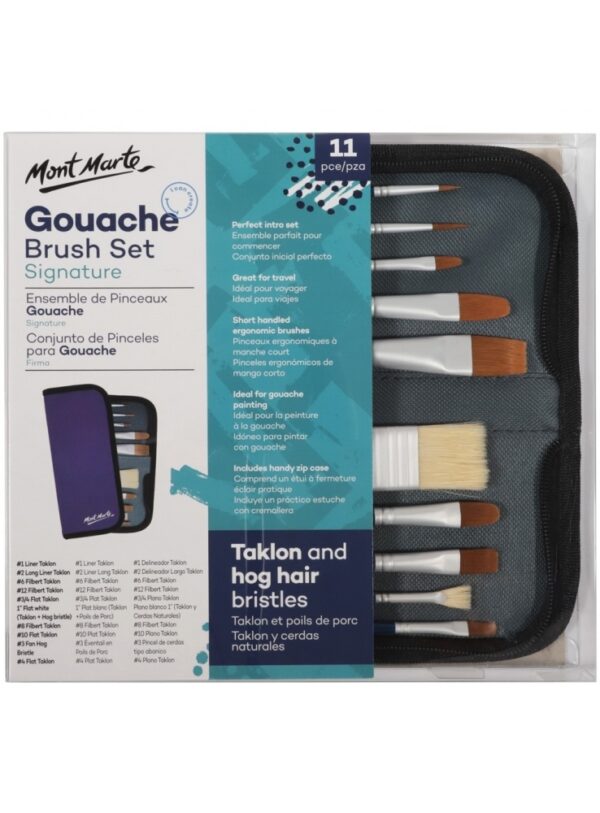 Mont Marte Hog & Taklon Bristle Gouache Brush Set of 10 Brushes and Wallet - Image 3