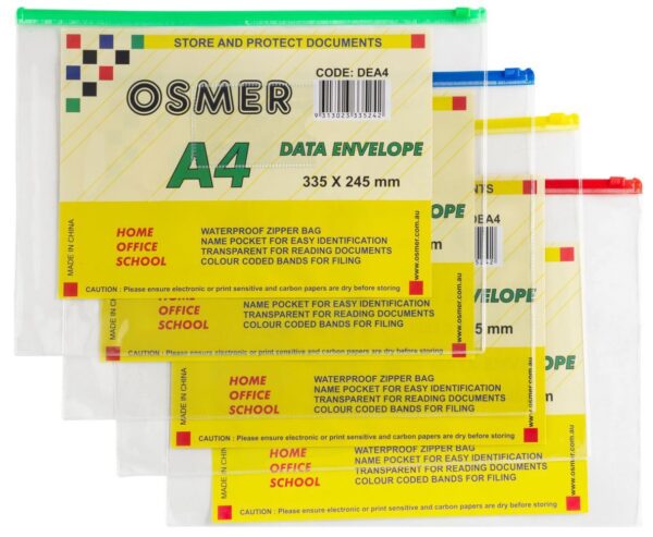 Clear Waterproof Envelopes with Zip Pack of 12 Assorted Colours A4
