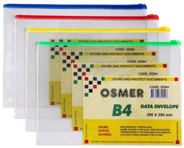 Clear Waterproof Envelopes with Zip Pack of 12 Assorted Colours B4