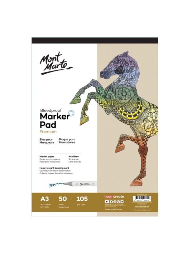 Mont Marte Premium Bleedproof Marker Pad 105gsm A3 50 Sheets
