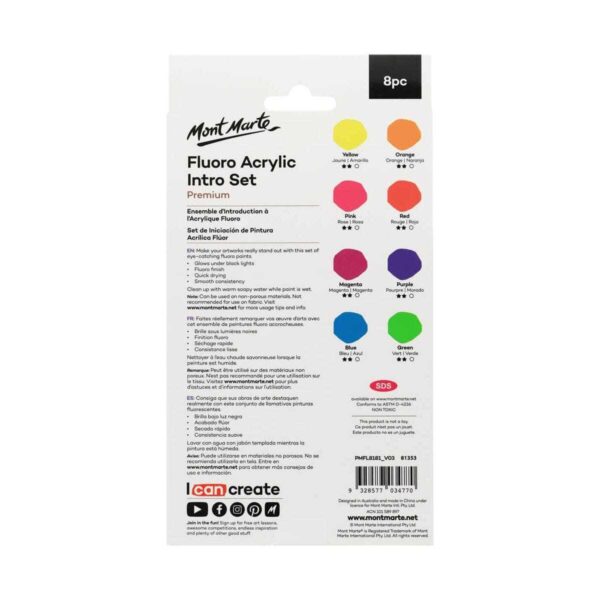 Mont Marte Fluoro Acrylic Paint 8 x 18ml Tubes - Image 2