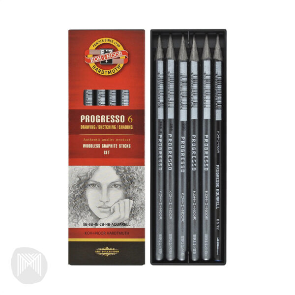 Progresso Graphite Set 8B, 6B, 4B, 2B, HB & 1 Aquarelle