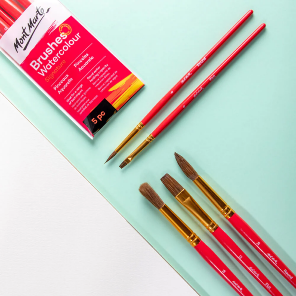 Mont Marte Gallery Series Brush Set Watercolour 5pce (2 x Flat, 2 x Round & 1 x Mop) - Image 2